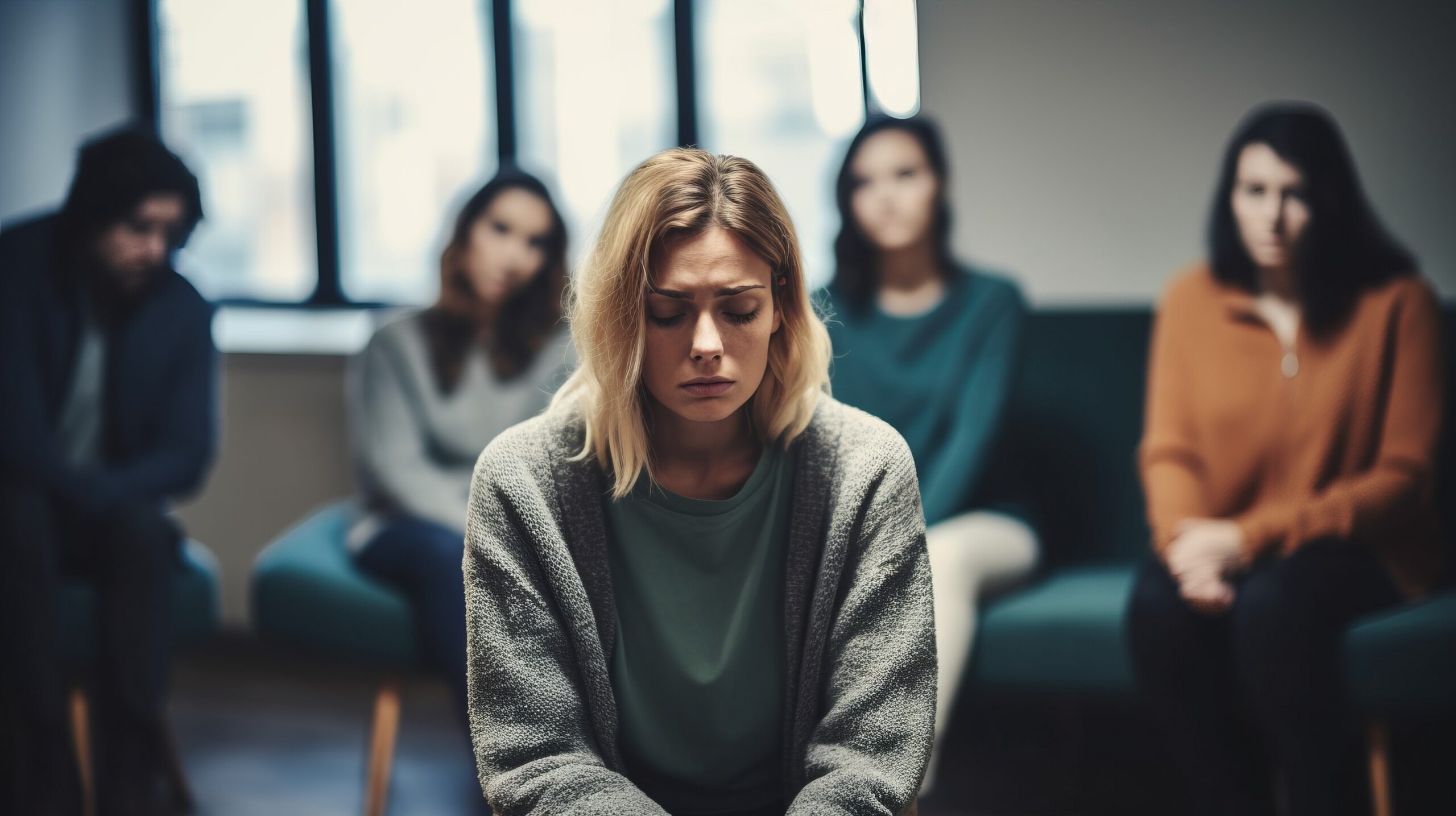 woman sad and depressed with group surrounding