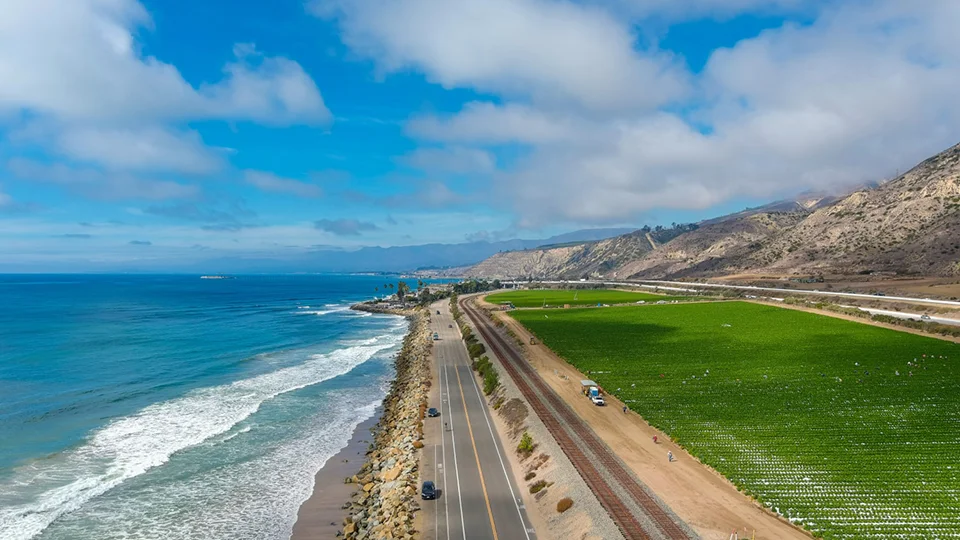 a breathtaking aerial shot of the vast blue ocean water, lush green